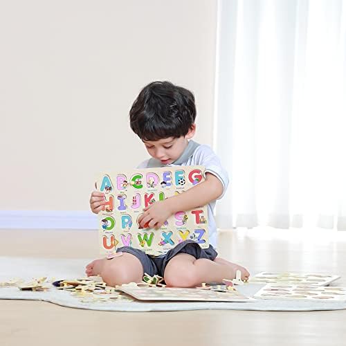GRINNNIE Wooden Peg Puzzle for Toddlers 3 4 5 Years Old, 4 PCS Montessori Educational Learning Puzzles Set-Numbers, Letters, Animals and Fruits, Great Preschool Gifts for Girls and Boys - Image 2