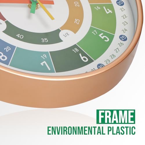 Kids Wall Clock Telling Time Silent Non-Ticking Learning Clock Colorful Teaching Wall Clocks Round Plastic Analog Educational Decor Clock for Classroom, Playroom (EDU2-Rose Gold, 10 inch) - Image 4