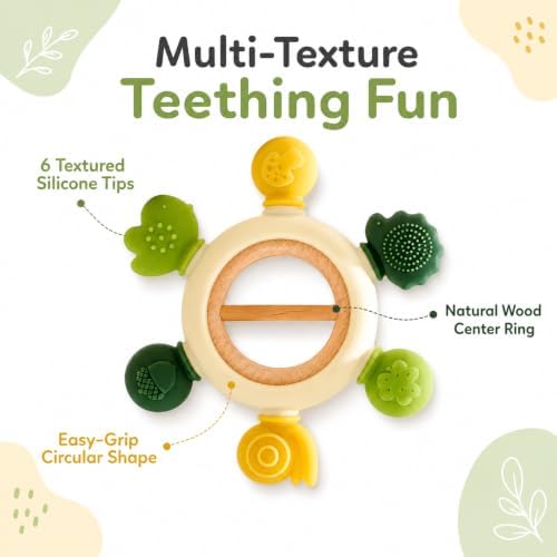 Baby Teether Rattle Toy with Silicone Textured Teething Pieces & Wooden Ring, Montessori Sensory Toy, Easy-Grip BPA-Free Teether for Infants 3–12 Months - Image 3