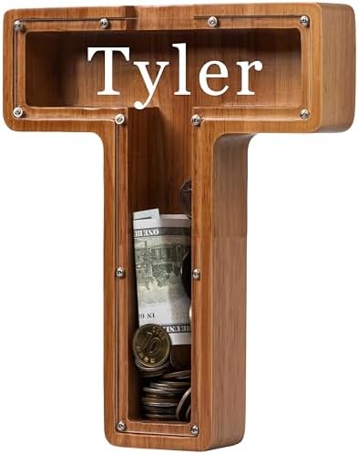 Personalized Large Wooden Kids Letter Piggy Bank - (Laser Engraved) Custom Piggy Bank for Boys Girls - Wooden Banks with Initials - Alphabet Money Box Bank Birthday Letter T Bank by Ladenk
