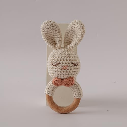 Natural Hand-Knit Wooden Baby Rattle - Soft Animal Shaped Sensory Toy for Newborns, Infants | Safe Beechwood & Crochet Texture | Perfect Baby Shower Gift by GOODMOM