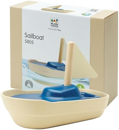 PlanToys® Sailboat Wooden Bath Toy, Eco-Friendly Floating Boat for Kids by PlanToys