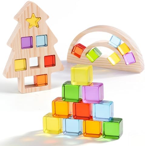 Woodtoe Wooden Building Blocks Set for Kids, Rainbow & Tree Wood Frame - 24 PCS Acrylic Gem Cubes Stacking Blocks, Montessori Stacking Toys, Educational Birthday Toys Gift for Toddlers 3-6 by Woodtoe