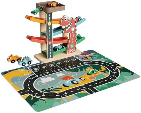 Wooden Dinosaur Car Ramp Toy with Road Puzzle and 6 Cars, Ages 18M+ - Image 4