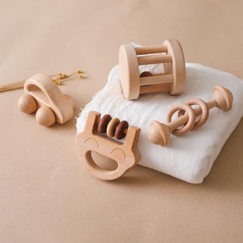 Wooden Baby Rattle Set, Newborn Wooden Rattle Toy, Natural Wooden Montessori Baby Grip Toy, Baby Gift Toy, Wood Rattle Set-4 - Image 3
