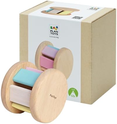 PlanToys® Pastel Wooden Roller Toy for Babies 6+ Months Sensory Rattle Gift by PlanToys
