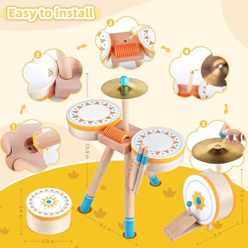 Toddlers Drum Set Toy Kids Wooden Jazz Drum Montessori Musical Instruments - Image 4