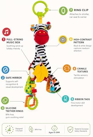 Balibazoo Zoya the Zebra Musical Hanging Baby Toy – Pull-String Lullaby Music Box, Baby Safe Mirror & Multi-Texture Teethers | Clip for Stroller, Car Seat & Carrier | Developmental Toy 0-24M - Image 3