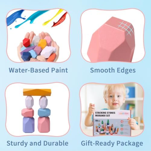 48 Pcs Wooden Stacking Rocks Building Blocks Montessori Toys for 3 Year Old - Image 3