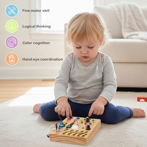 LED Busy Board for Toddlers 1-3,Montessori Sensory Toy with Key Switch and Plug, Light Up Wood Activity Switch Board for Fine Motor Skills, Educational Travel Toy Gift for 1 2 3 Year Old Boys Girls - Image 6