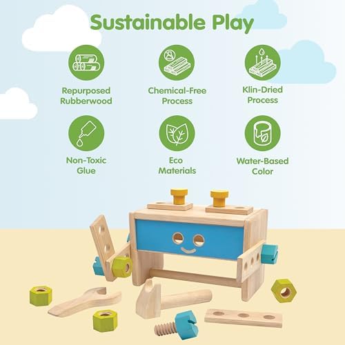 PlanToys Wooden Transforming Robot Tool Box with Wrench, Nuts & Bolts, Wooden Planks, and Shapes| Sustainably Made from Rubberwood and Non-Toxic Paints and Dyes - Image 3