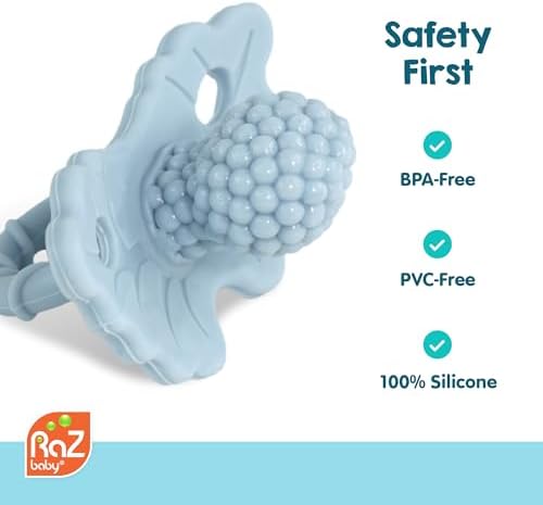 RaZbaby Sloth RaZbuddy w/RaZberry Teething Relief Pacifier – Soothes Sore Gums w/Nature-Inspired Texture, 100% BPA-Free Silicone Teether, Detachable Stuffed Animal – 3 Months+ Teether, Tan - Image 5