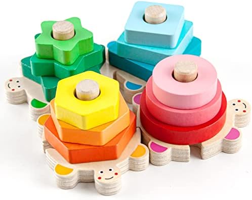 WOOD CITY Montessori Wooden Stacking Toy for Toddlers, Detachable Turtle Shape Sorter with Color & Size Recognition, Early Learning Educational Gift Develops Hand-Eye Coordination & Spatial Awareness by WOODCITY