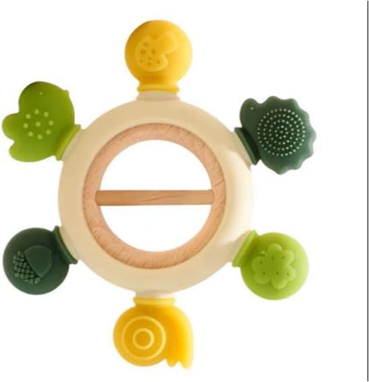 Baby Teether Rattle Toy with Silicone Textured Teething Pieces & Wooden Ring, Montessori Sensory Toy, Easy-Grip BPA-Free Teether for Infants 3–12 Months by Unknown