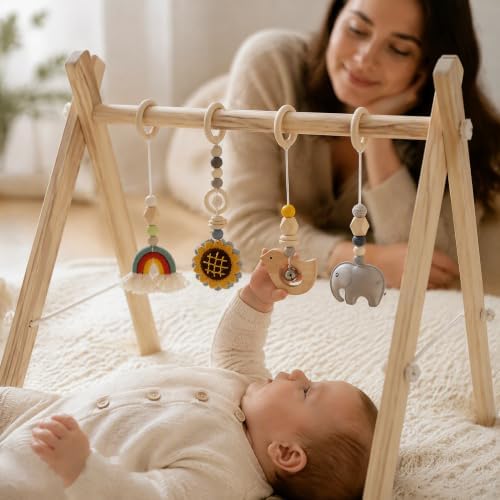 Wooden Baby Gym with 4 Handmade Hanging Toys, Natural Solid Wood Non-Toxic Play Gym for Tummy Time, Foldable Baby Activity Center for 0-12 Months, Baby Shower Gift by Unknown