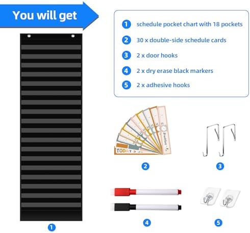 REGELETO Boho 18+1 Pockets Daily Schedule Pocket Chart, 30 pcs Double-Sided Reusable Cards, Scheduling Pocket Chart for Classroom Office Home School Activity(Black) - Image 4