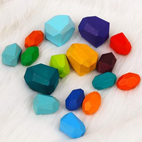 Cllayees 16 Pcs Wooden Stacking Blocks Rocks Building Toys, Colored Solid Wood Stones Pre-School Educational Games Creative Toys for Kids Toddlers - Image 4