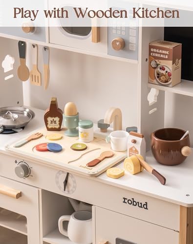 ROBUD 31-Piece Wooden Play Food Set for Kids - Coconut Oats Montessori Kitchen Toys, Educational Pretend Play Dishes with Accessories for Toddlers - Image 4