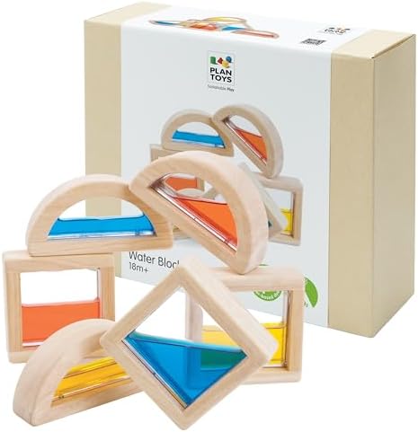 PlanToys® Water Blocks Wooden Montessori Sensory and STEM Building Toy | Light, Colour, Creativity and Fine Motor Skill Development | Eco Friendly Open Ended Learning Activity by PlanToys