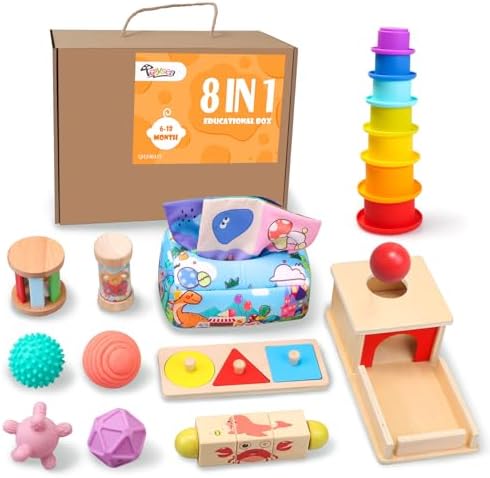 Montessori Toys for Babies 6-12 Months,1 Year Old,8 in 1 Baby Sensory Toy for 12-18 Months Toddler,Wooden Educational Development Toys with Soft Stacking Cup&Sensory Ball&Tissue Box by Tooysea