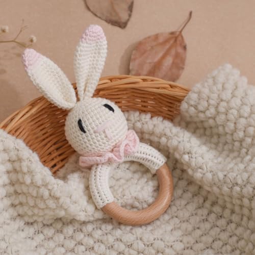 Wooden Baby Rattle, Crochet Pink Bunny Rattle, Newborn Wooden Animal Rattle Toy, Infant Rattle Toys, Pink Bunny by Chriswell