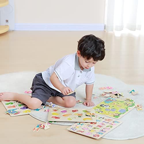 GRINNNIE Wooden Peg Puzzle for Toddlers 3 4 5 Years Old, 4 PCS Montessori Educational Learning Puzzles Set-Numbers, Letters, Animals and Fruits, Great Preschool Gifts for Girls and Boys (Pack of 2) - Image 3