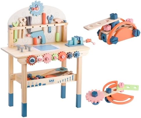 Tool Bench for Kids Toy Play Workbench Wooden Tool Bench Workshop Workbench with Tools Set Wooden Construction Bench Toy for 3 4 5 Year Old Boys and Girls by medoga