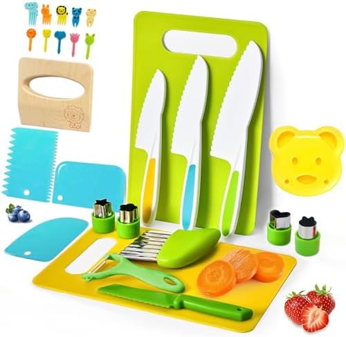 27 Pcs Montessori Kitchen Tools for Toddlers, Kids Knives for Real Cooking Safe Knife Set Include Toddler Cutting Boards Sandwich Cutters Peeler for Birthday Tools for Age 2-10 Year Old Girl Boy by LURVUO