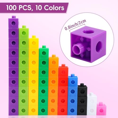 100 Pcs Math Linking Cubes - 10 Colors Connecting Counting Snap Blocks, Math Manipulatives for Early Math & Construction, Educational Toy for Preschool, Kindergarten, Homeschool - Image 2