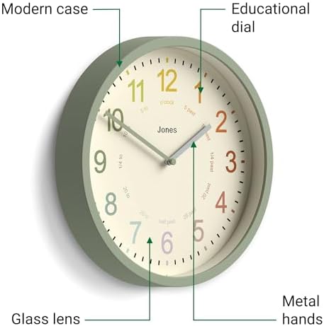 JONES CLOCKS® Kids wall Clock | Small Modern Children’s Nursery Clock | 10" | Sage Green | Colourful dial for Learning to Tell the time - Image 5