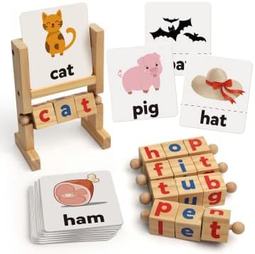 Coogam Wooden Reading Blocks Short Vowel Rods Spelling Games, Flash Cards Turning Rotating Letter Puzzle for Kids, Site Words Montessori Spinning Alphabet Learning Toy for Preschool Boys Girls by Coogam