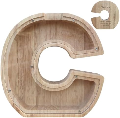 Wooden Letter Piggy Bank for Kids Boys Girls,Personalized Piggy Bank (Laser Engraving),A-Z Letters Coin Bank Money Box Customized Name, for Family Christmas Birthday Gift (C) by FINDAMAZE
