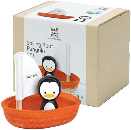 PlanToys® Wooden Penguin Sailing Boat Bath Toy for Toddlers, Montessori by PlanToys