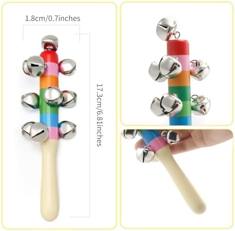 Wooden Jingle Hand Bells Set 20 Pcs Rainbow Stick Shakers Maracas Rattles for Kids Toddlers Babies Early Learning Musical Instrument Toys - Image 3
