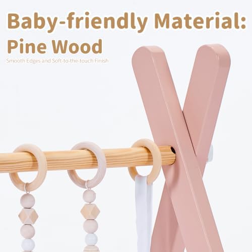 Foldable Wooden Baby Play Gym with 6 Sensory Toys – Montessori Activity Center for Newborns, No-Tool Assembly, Natural Wood Indoor Gym for Infant Motor Development & Tummy Time (Pink) - Image 5