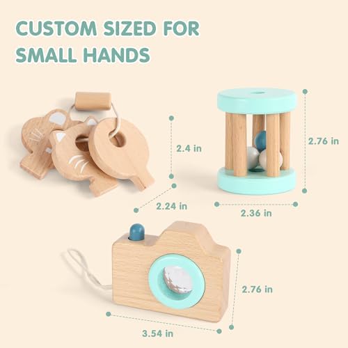 FReniland Wooden Montessori Toys, 3-Piece Wooden Baby Toys, Rotating Drum Toy, Camera Kaleidoscope Toys, Baby Key Rattles,Newborn Baby Gift Sets for Boys and Girls - Image 5