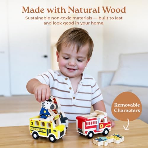 Little Acorn, Wooden Pull Back Cars with Mix & Match Characters | Montessori Toys for 1 & 2 Year Old | Car Toys for Toddlers 1-3 | Baby Toys 6-12 Months | Birthday Gifts for Boys Girls - Image 3