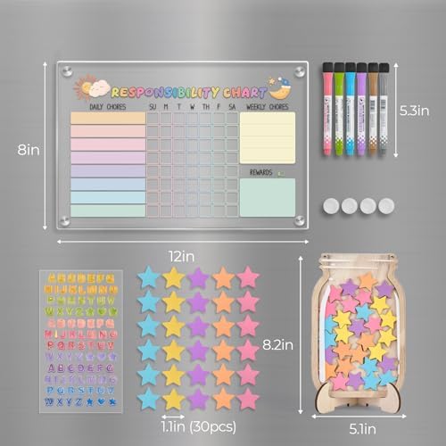 Acrylic Magnetic Kids Chore Board & Star Reward Jar - Dry Erase Fridge Calendar with Erasable Markers, Wooden Stars & DIY Stickers for Visual Schedule, Behavior Tracking & Potty Training Toddlers - Image 3