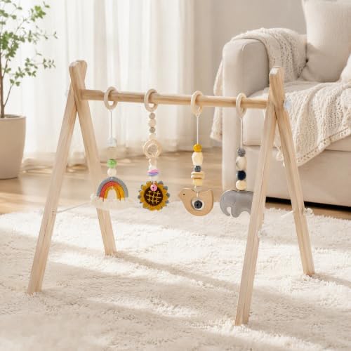 Wooden Baby Gym with 4 Handmade Hanging Toys, Natural Solid Wood Non-Toxic Play Gym for Tummy Time, Foldable Baby Activity Center for 0-12 Months, Baby Shower Gift - Image 4