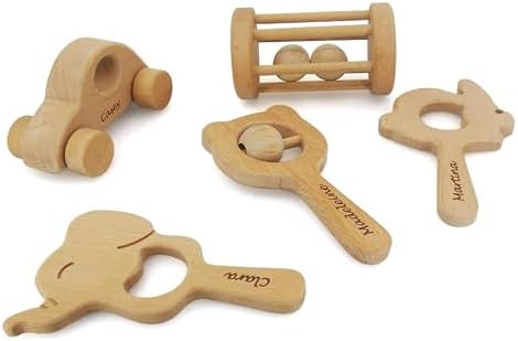 Personalized 5 Pieces Wooden Baby Toys 0-6 Months, Customized Teething Toys Baby Rattles 0-6 Months, Wood Teething Toys Gifts for Baby, Customizable Montessori Wooden Toys for Babies 5 Pieces by JOLLYWOODPECKER