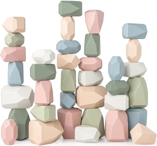 Comfy Cubs Stacking Rocks 36 Pieces, 36 Months+, Educational Toddler Stacking Blocks, Promotes Imagination, Balance & Fine Motor Skills - Wooden Rocks Sensory Toys Gift for Kid, Neutral Pack by ComfyCubs