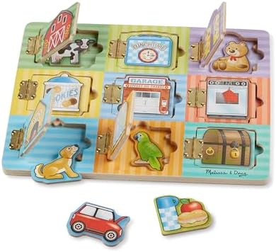 Melissa & Doug Wooden Hide & Seek Activity Board – Montessori Busy Board with Hinges, Doors & 9 Wooden Magnetic Puzzles, Educational Preschool Learning Toy for Toddlers & Kids Ages 3+ - Image 4