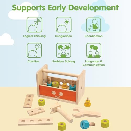 PlanToys Wooden Transforming Robot Tool Box with Wrench, Nuts & Bolts, Wooden Planks, and Shapes| Sustainably Made from Rubberwood and Non-Toxic Paints and Dyes - Image 4