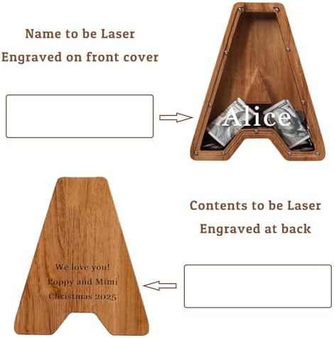 Personalized Large Wooden Kids Letter Piggy Bank - (Laser Engraved) Custom Piggy Bank for Boys Girls - Wooden Banks with Initials - Alphabet Money Box Bank Birthday Letter A Bank - Image 2