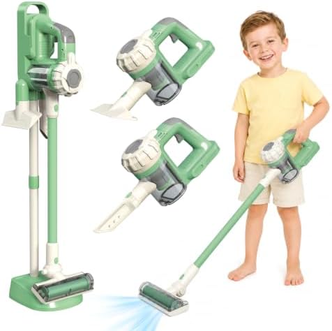 3-in-1 Kids Vacuum that Really Works - Toddler Vacuum Cleaner with Real Suction, Pretend Play Housekeeping & Cleaning Toy Set for Kids Ages 3+ (Green) by BAYMI
