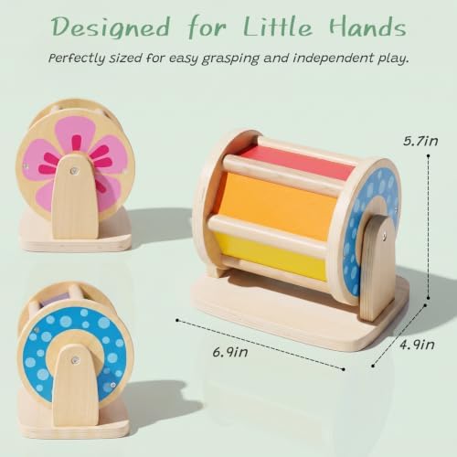 WOODENFUN Montessori Spinning Drum Baby Toys Wooden Tummy Time Mirror Kit - Image 3