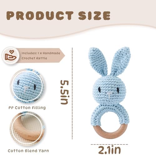 Moyii Natural Wooden Baby Rattle - Organic Crochet Bunny Teether Ring - Montessori Sensory Grasping Toy for Infants 0-12 Months, BPA-Free Handmade Newborn Shower Gift - Image 3