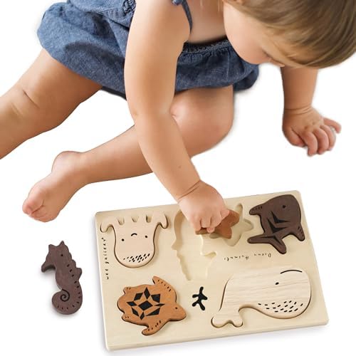 Wee Gallery Wooden Tray Puzzle Ocean Animals, Montessori Toy for Toddlers and Preschoolers for Early Learning and Fine Motor Skill Development, Sustainable Educational Puzzle for Kids by WeeGallery