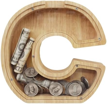 Wooden Letter Piggy Bank for Kids Boys Girls, A-Z Letters Wood Coin Bank Money Box, Piggy Bank for Toddler Family Christmas Birthday Gift(C) by FINDAMAZE