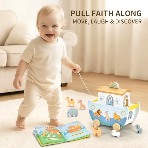 Wooden Noah's Ark Pull Along Toy with Bible Story Cloth Book - Montessori Sorting Set for Toddlers - Religious Baptism Gift for Boys & Girls -Christian Preschool Learning Toy for Kids - Image 2